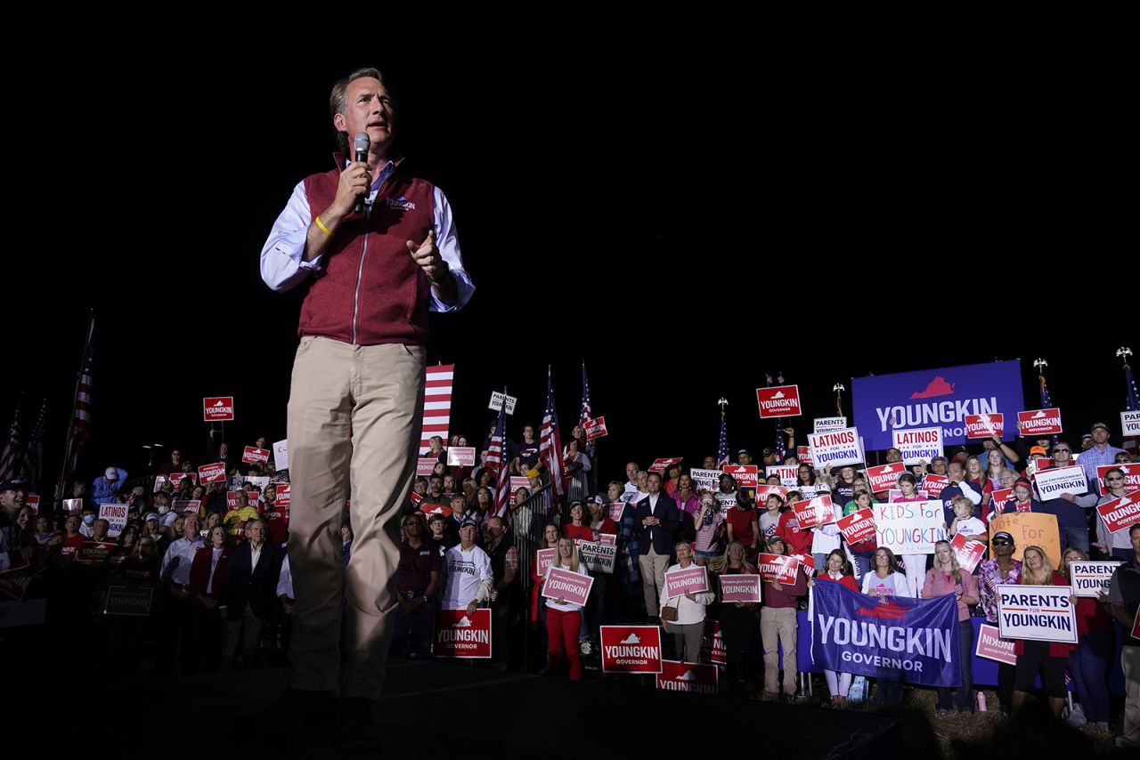 <a href="https://www.cnn.com/2021/10/16/politics/glenn-youngkin-republican-virginia-governor/index.html" target="_blank">Glenn Youngkin,</a> the Republican running for governor in Virginia, holds a rally in Glen Allen, Virginia, on Saturday, October 23.
