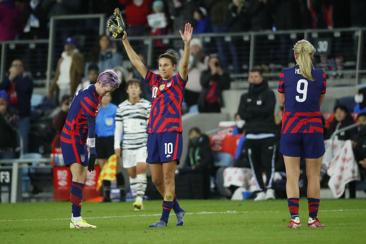 American soccer star Carli Lloyd acknowledges the crowd in St. Paul, Minnesota, as she is subbed out of a friendly match against South Korea on Tuesday, October 26. It was Lloyd's <a href="https://www.cnn.com/2021/08/16/football/carli-lloyd-retirement-uswnt-spt-intl/index.html" target="_blank">last match before retiring.</a>