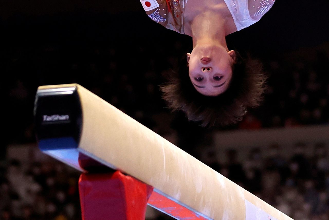 Japanese gymnast Mai Murakami competes on the balance beam during the World Championships on Sunday, October 24. She won a bronze medal in the event and a gold in the floor exercise. She then announced her retirement.
