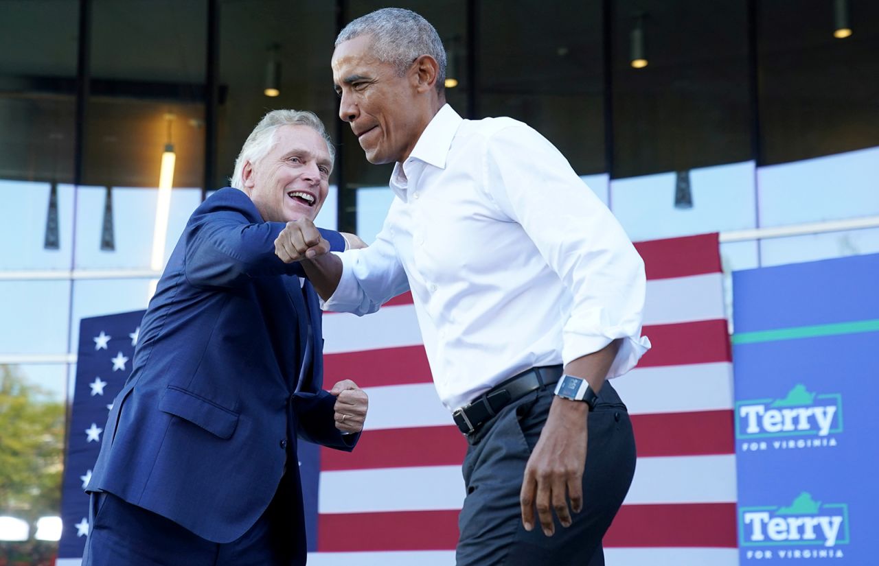 Terry McAuliffe, a Democrat running for governor in Virginia, welcomes former President Barack Obama at <a href="https://www.cnn.com/2021/10/23/politics/obama-virginia-terry-mcauliffe/index.html" target="_blank">his campaign rally in Richmond</a> on Saturday, October 23.