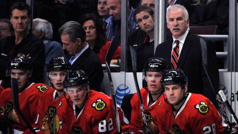 Joel Quenneville, top right, shown with the Blackhawks in 2010.