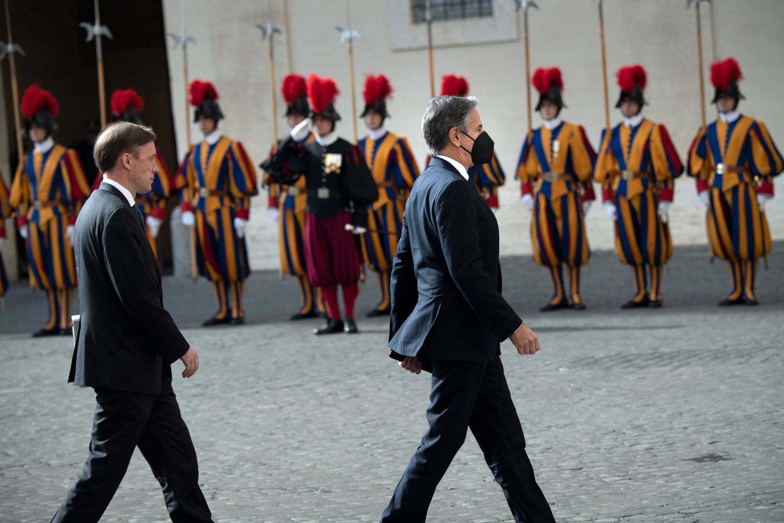 White House national security adviser Jake Sullivan, left, and Secretary of State Antony Blinken arrive Friday at the Vatican.