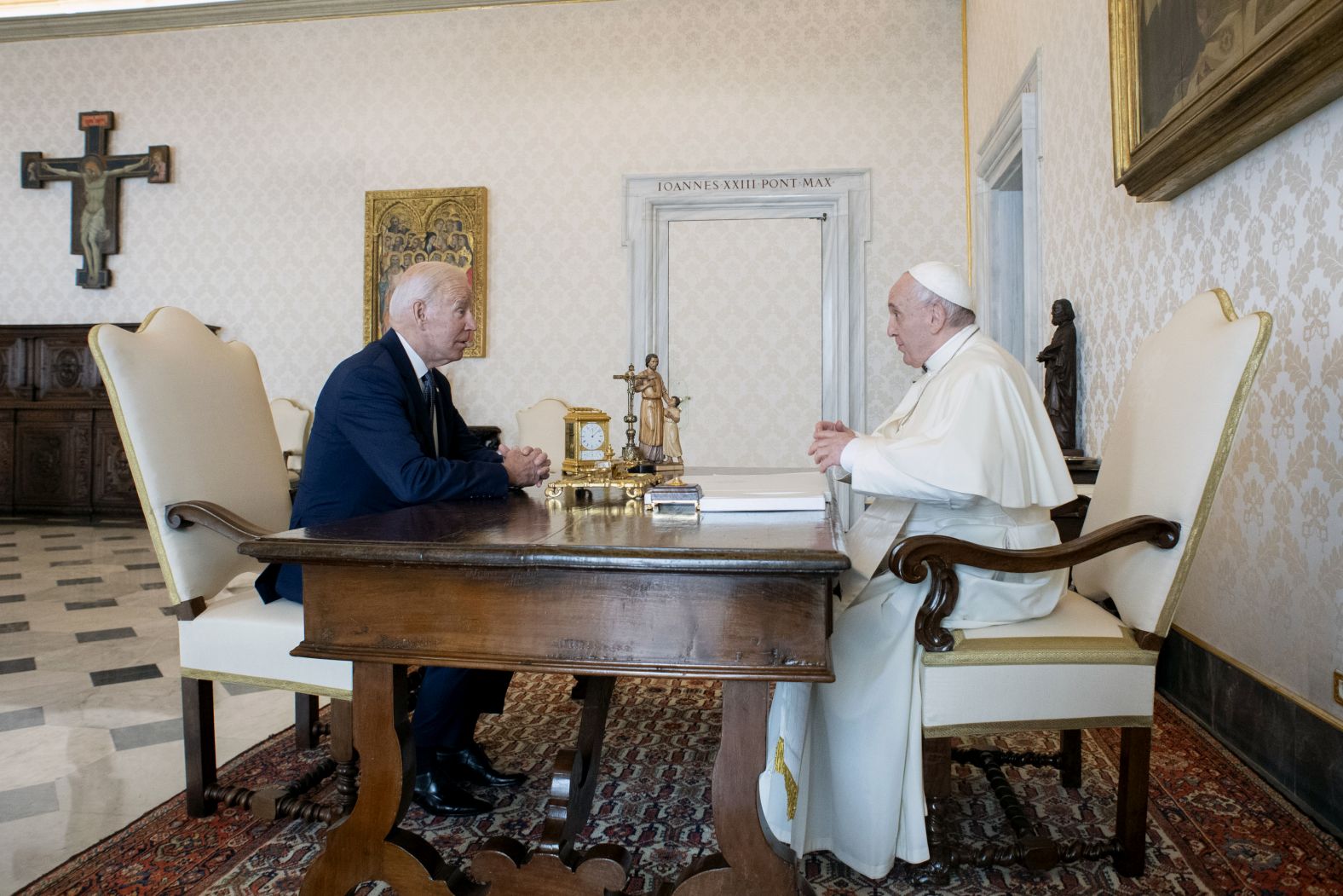 Biden talks with the Pope during their meeting on Friday. The meeting stretched twice as long as the one Biden held with Pope John Paul II as a young senator. Biden told reporters he discussed "a lot of personal things" with the pontiff.