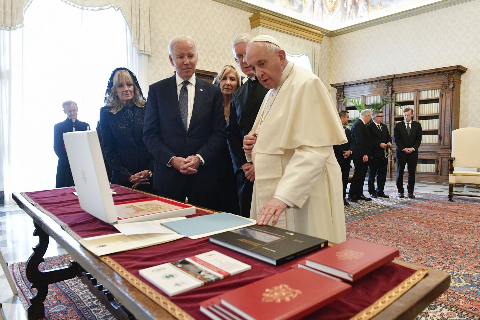 The Bidens exchange gifts with the Pope.