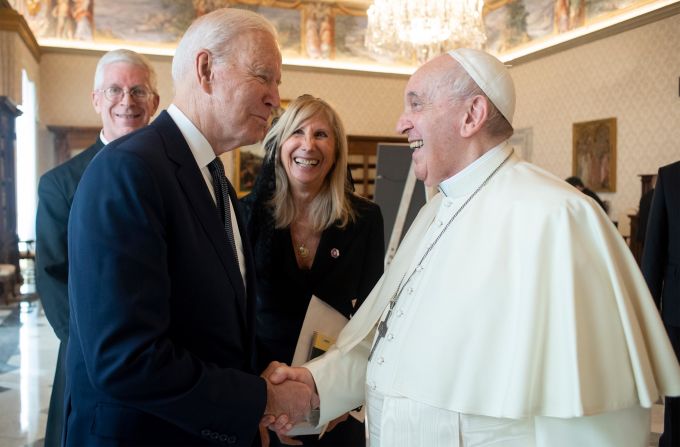 President Joe Biden shakes hands with Pope Francis as they meet at the Vatican on Friday, October 29. It was <a href="index.php?page=&url=https%3A%2F%2Fwww.cnn.com%2F2021%2F10%2F26%2Fpolitics%2Fbiden-schedule-g20-cop26%2Findex.html" target="_blank">the fourth meeting</a> between Francis and Biden, and it came as Biden began <a href="index.php?page=&url=https%3A%2F%2Fwww.cnn.com%2F2021%2F10%2F29%2Fpolitics%2Fgallery%2Fbiden-europe-trip-pope-francis-g20%2Findex.html" target="_blank">his second trip abroad</a> as President.