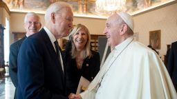 US President Joe Biden, left, shakes hands with Pope Francis as they meet at the Vatican, Friday, Oct. 29, 2021. President Joe Biden is set to meet with Pope Francis on Friday at the Vatican, where the world's two most notable Roman Catholics plan to discuss the COVID-19 pandemic, climate change and poverty. The president takes pride in his Catholic faith, using it as moral guidepost to shape many of his social and economic policies.