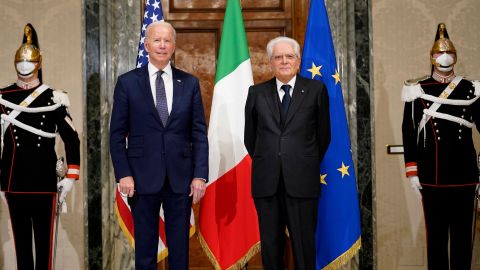 U.S. President Joe Biden, left, poses with Italy's President Sergio Mattarella during a formal greeting at the Quirinale Palace in Rome, Friday, Oct. 29, 2021. A Group of 20 summit scheduled for this weekend in Rome is the first in-person gathering of leaders of the world's biggest economies since the COVID-19 pandemic started. 