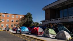 Tents are set up near the Blackburn University Center as students protest poor housing condition on the campus of at Howard University October 25, 2021 in Washington, DC. Students have complained about mold and poor conditions in some dorm rooms and over 100 students have been staging a weeks-long protest to highlight the issues. 