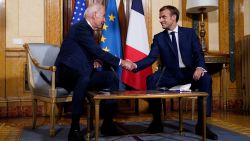 U.S. President Joe Biden, left, and French President Emmanuel Macron shake hands during a meeting at La Villa Bonaparte in Rome, Friday, Oct. 29, 2021. A Group of 20 summit scheduled for this weekend in Rome is the first in-person gathering of leaders of the world's biggest economies since the COVID-19 pandemic started.