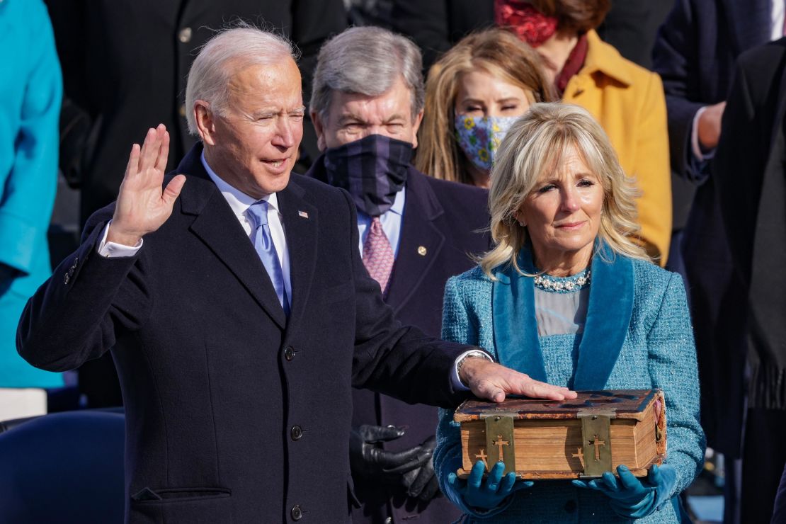 Joe Biden is sworn in as U.S. President as his wife Dr. Jill Biden looks on during his inauguration on the West Front of the U.S. Capitol on January 20, 2021 in Washington, DC.  