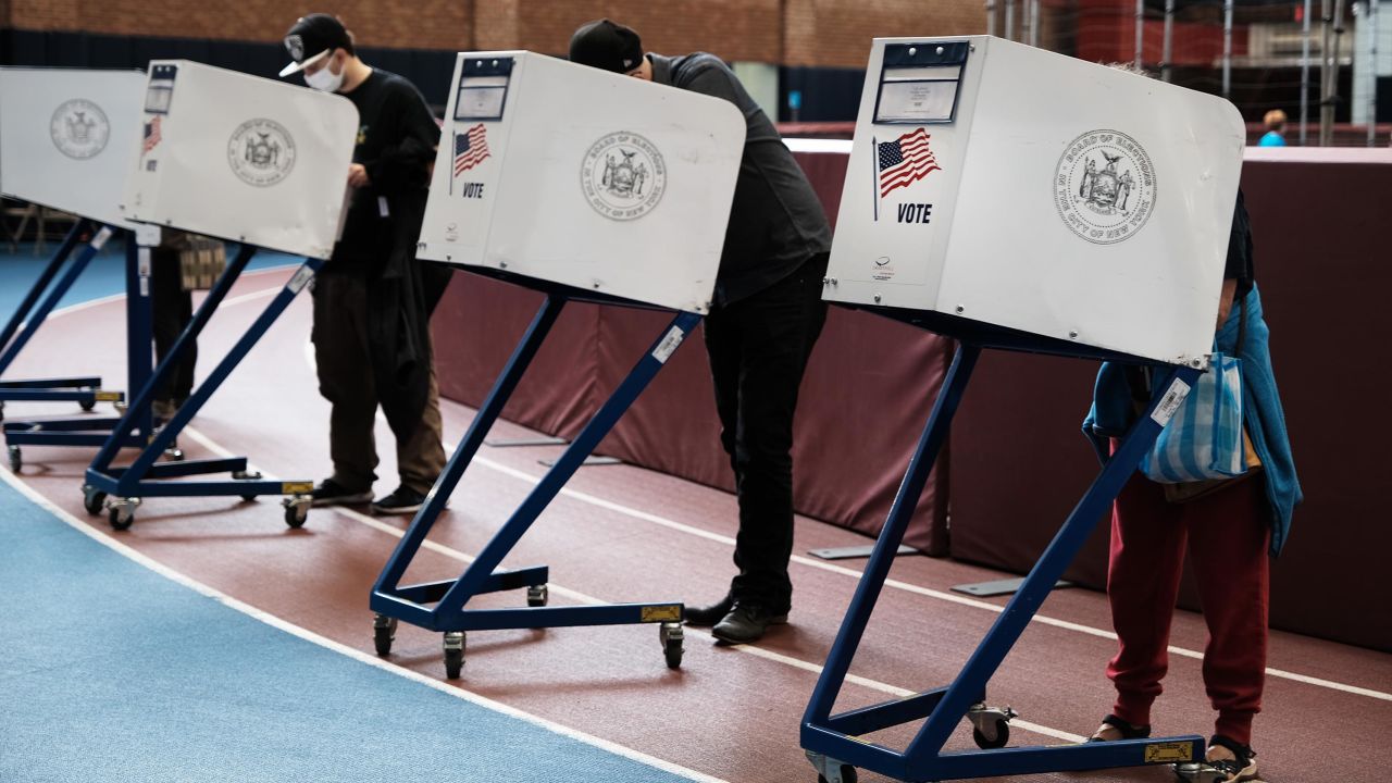 People visit an early voting site at a YMCA in Brooklyn on October 25, 2021 in New York City. 