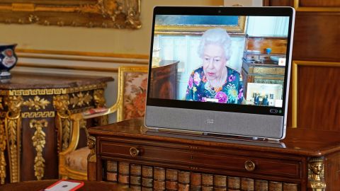 Queen Elizabeth II appears on a screen via videolink from Windsor Castle during a virtual audience on October 28, 2021.