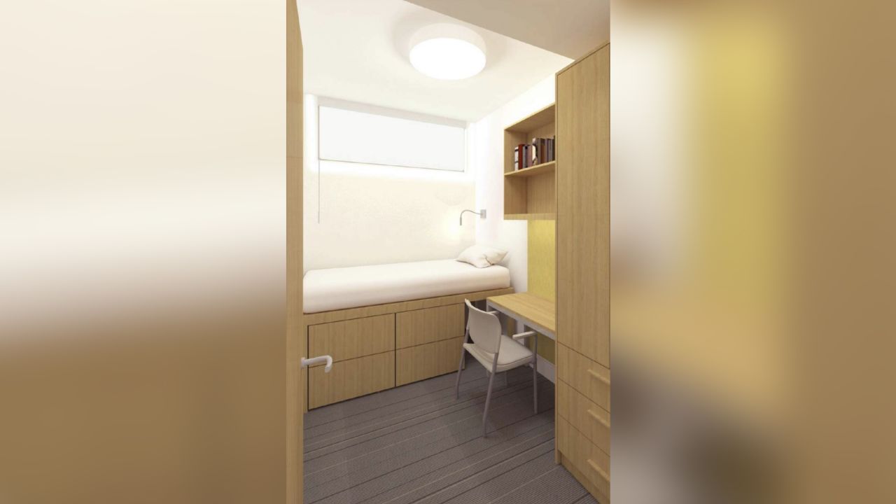 A rendering of a dorm room at UC Santa Barbara's Munger Hall. It has artifical windows to encourage students to spend more time in common areas. 