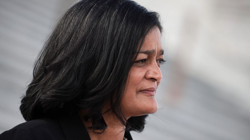 Rep. Pramila Jayapal (D-WA) speaks to reporters outside of the U.S. Capitol on September 23, 2021 in Washington, DC. Lawmakers continue to work towards coming to an agreement to pass legislation to fund the government by the new fiscal year deadline on September 30th.