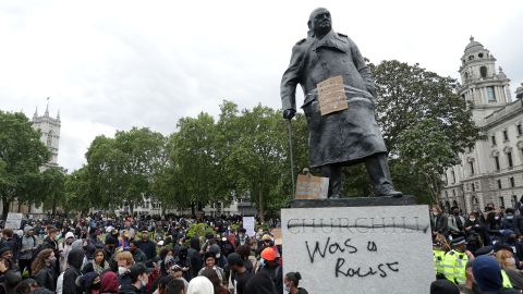 A deformed statue of former British Prime Minister Winston Churchill is seen in Parliament Square, central London, after a demonstration in June 2020 to show solidarity with the Black Lives Matter movement.
