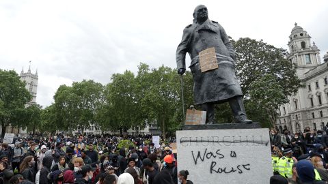 A statue of former British Prime Minister Winston Churchill is seen defaced in Parliament Square, central London, after a demonstration in June 2020 to show solidarity with the Black Lives Matter movement.