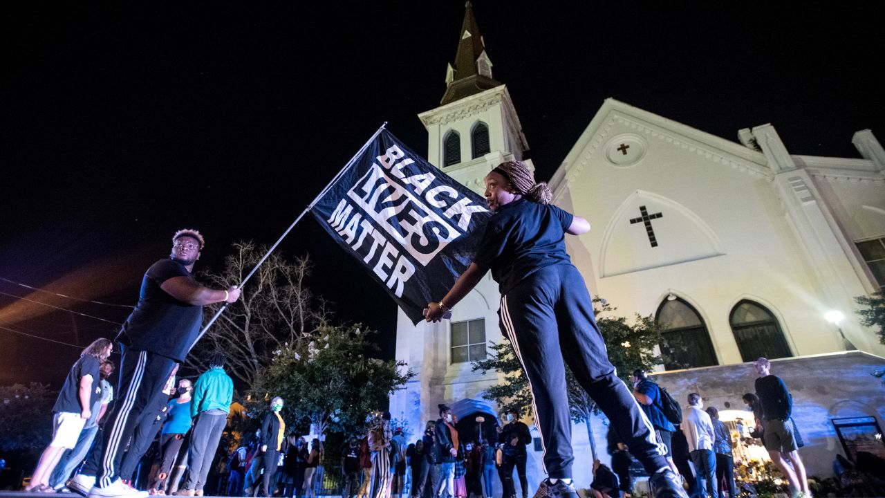 Demonstrators gather outside of Emanuel AME Church on the fifth anniversary of the massacre in Charleston, South Carolina, on June 17, 2020.