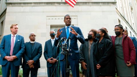 Bakari Sellers, the attorney for the victims' families, speaks with reporters outside the Justice Department, in Washington, DC, on Thursday, October 28, 2021.