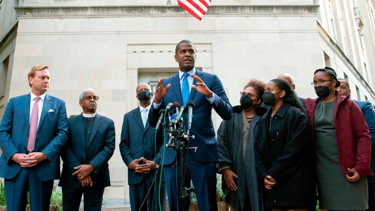Bakari Sellers, the attorney for the victims' families, speaks with reporters outside the Justice Department, in Washington, DC, on Thursday, October 28, 2021.