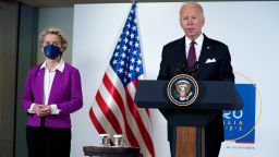 President Joe Biden and European Commission president Ursula von der Leyen talk to reporters about pausing the trade war over steel and aluminum tariffs during the G20 leaders summit, Sunday, Oct. 31, 2021, in Rome. 