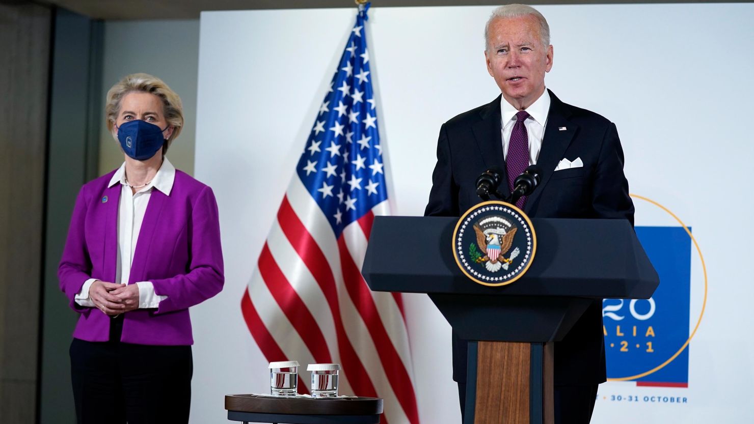 President Joe Biden and European Commission president Ursula von der Leyen talk to reporters about pausing the trade war over steel and aluminum tariffs during the G20 leaders summit, Sunday, Oct. 31, 2021, in Rome. 