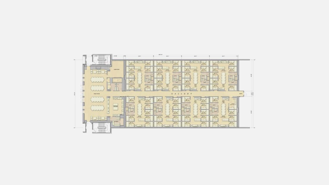 The floor plan of a residential floor in Munger Hall at UC Santa Barbara. Named for billionaire Charlie Munger, each residential floor of the 11-story building will house over 500 students. 