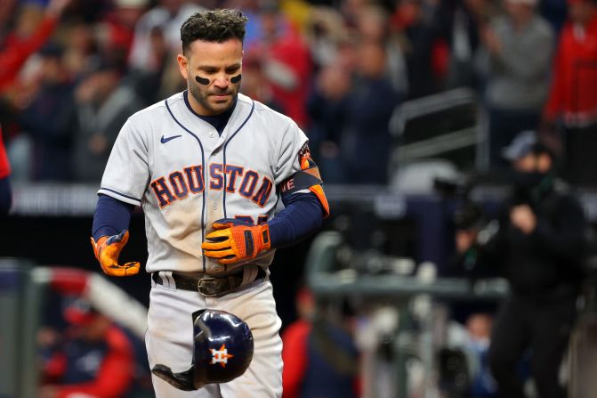 Jose Altuve of the Astros reacts after striking out during the third inning.