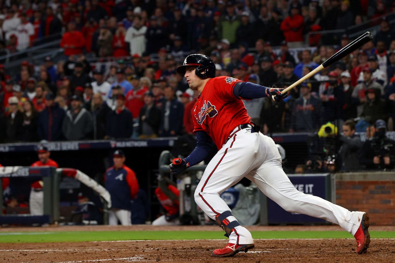 Austin Riley of the Braves hits an <a href="https://www.cnn.com/sport/live-news/world-series-2021-braves-astros-game-3/h_0f8bb292a5b43a4517a20ecba4c2a510" target="_blank">RBI double</a> during the third inning.