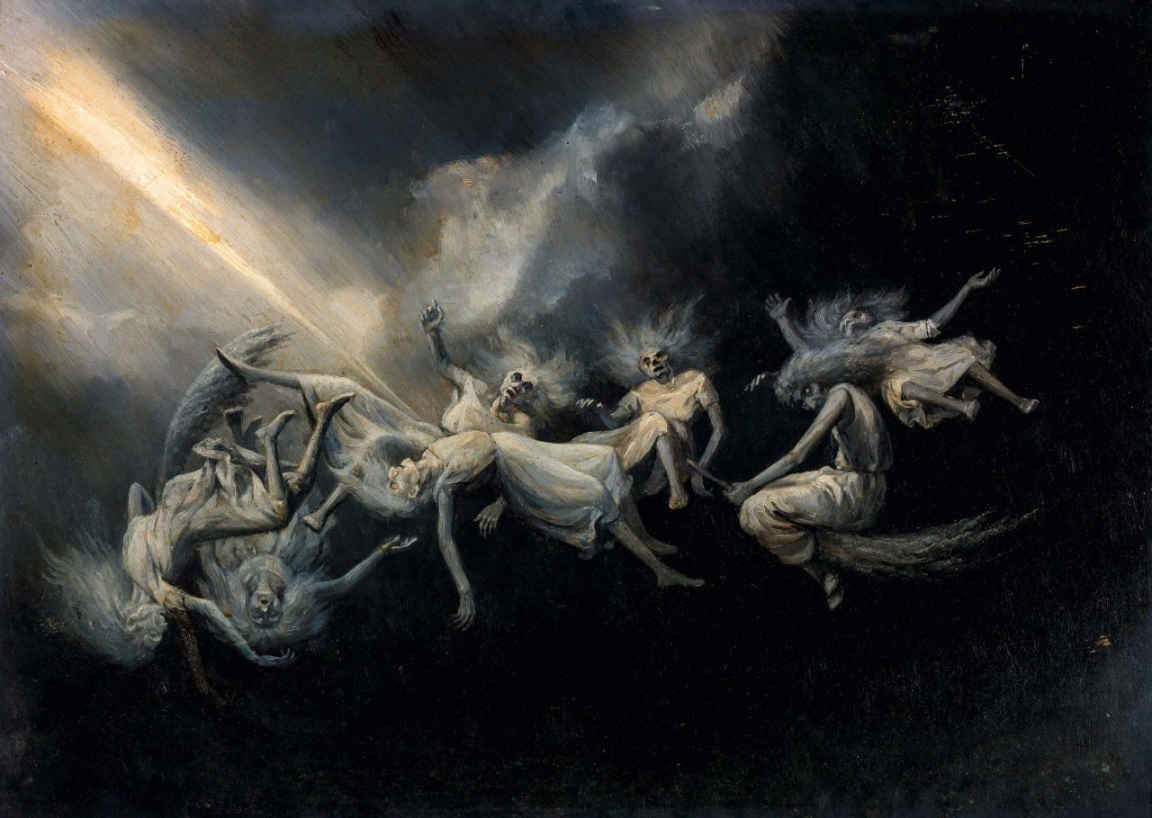 William Holbrook	Beard, "Lightning	
Struck a Flock of	Witches," United  States, Date	Unknown. Beard	
depicts a fantastical	view of stormbound witches in flight --	the	
coven sent reeling	from a flash of close lightning.	