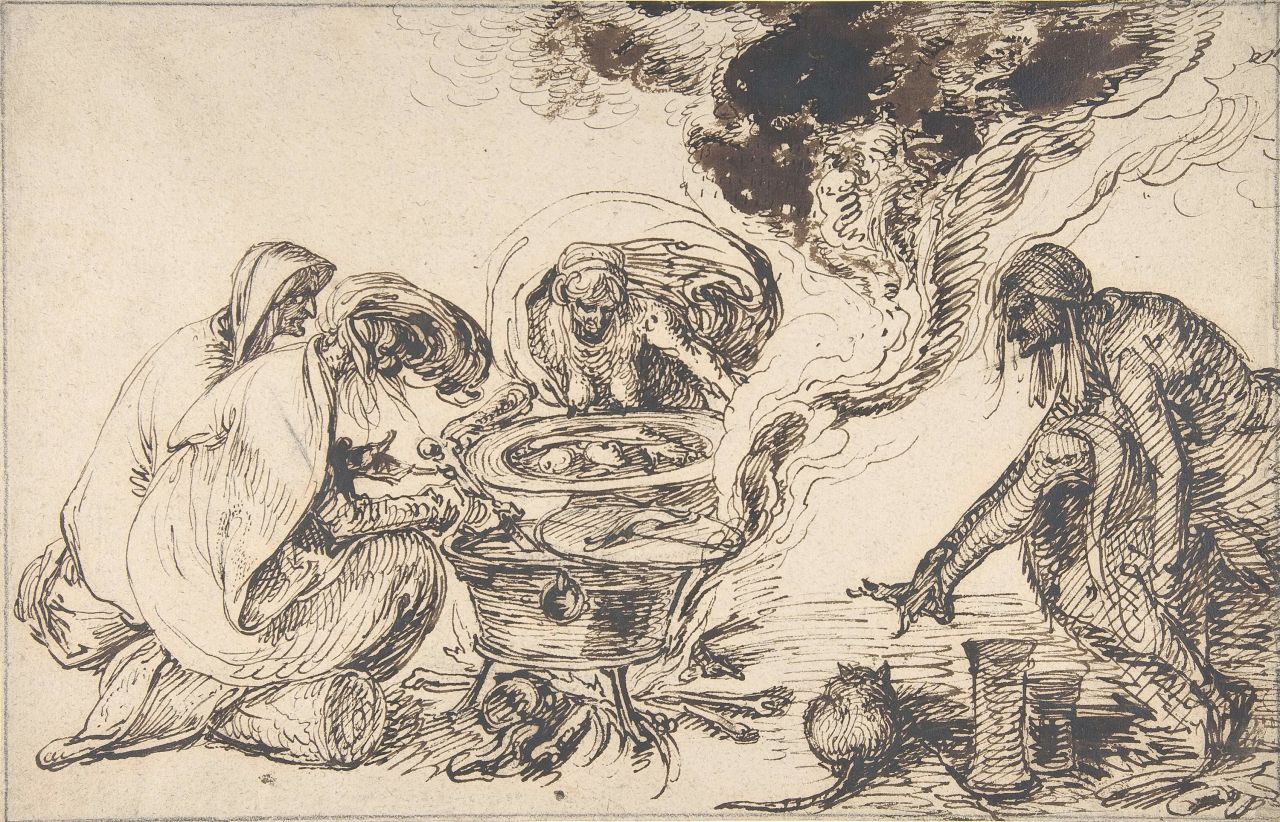 In "Witches' Sabbath," artist Jacques de Gheyn II depicts the sabbath with a pen-and-ink drawing of a swirling cauldron.