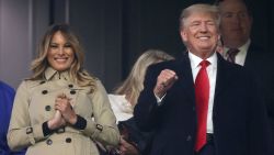 ATLANTA, GEORGIA - OCTOBER 30:  Former first lady and president of the United States Melania and Donald Trump look on prior to Game Four of the World Series between the Houston Astros and the Atlanta Braves Truist Park on October 30, 2021 in Atlanta, Georgia. (Photo by Elsa/Getty Images)