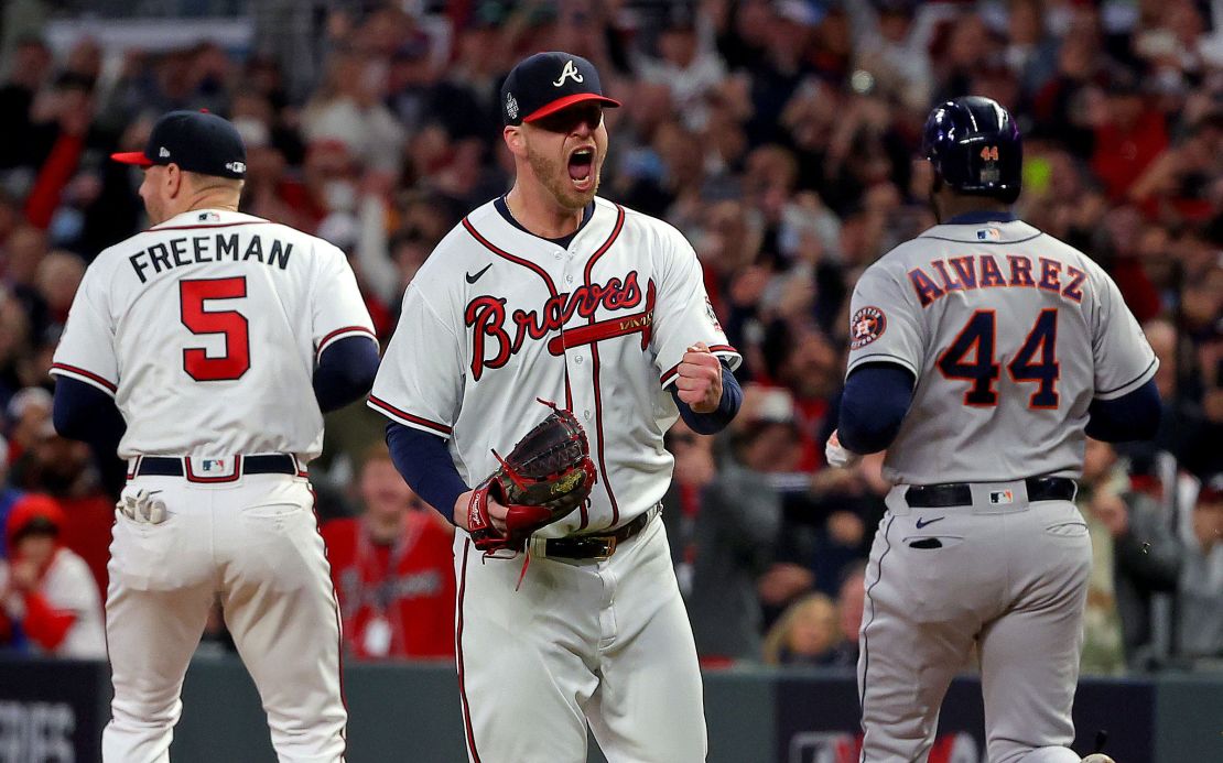 The Braves' Will Smith celebrates the team's 3-2 win against the Astros in Game 4.