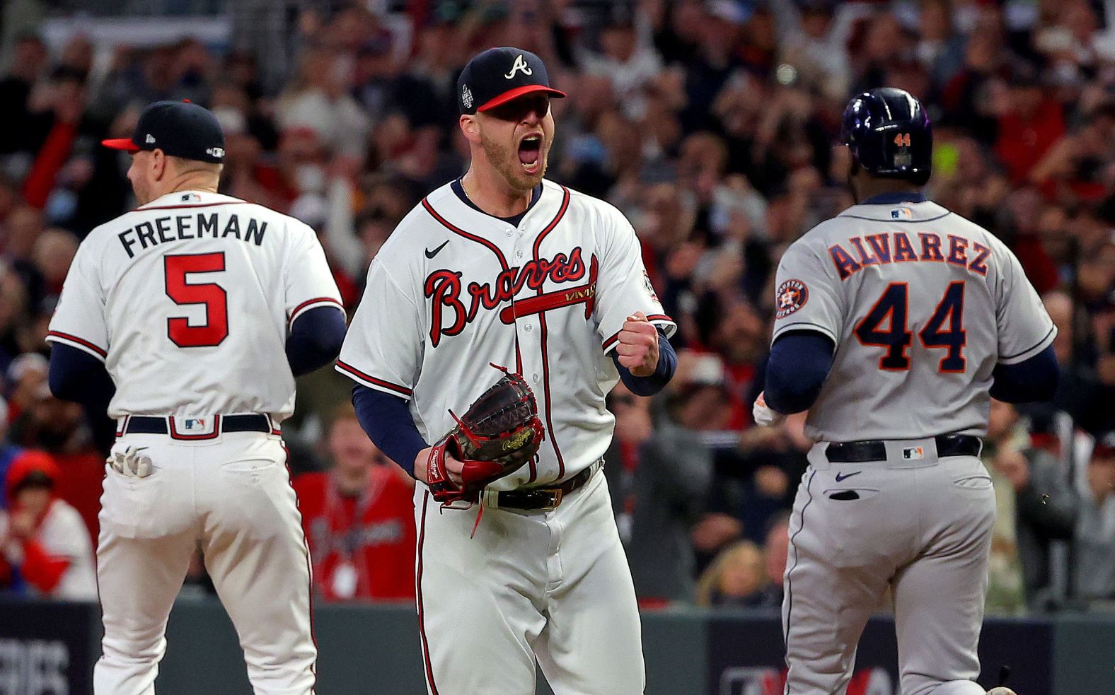 Braves closer Will Smith <a  target="_blank">celebrates the teams 3-2 win</a> against the Houston Astros in Game 4 of the World Series at Truist Park in Atlanta on Saturday, October 30. Smith pitched a perfect 9th inning.