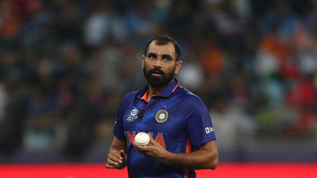 India's Mohammed Shami prepares to bowl his next delivery during the Cricket Twenty20 World Cup match between India and Pakistan in Dubai, UAE, Sunday, Oct. 24, 2021. 