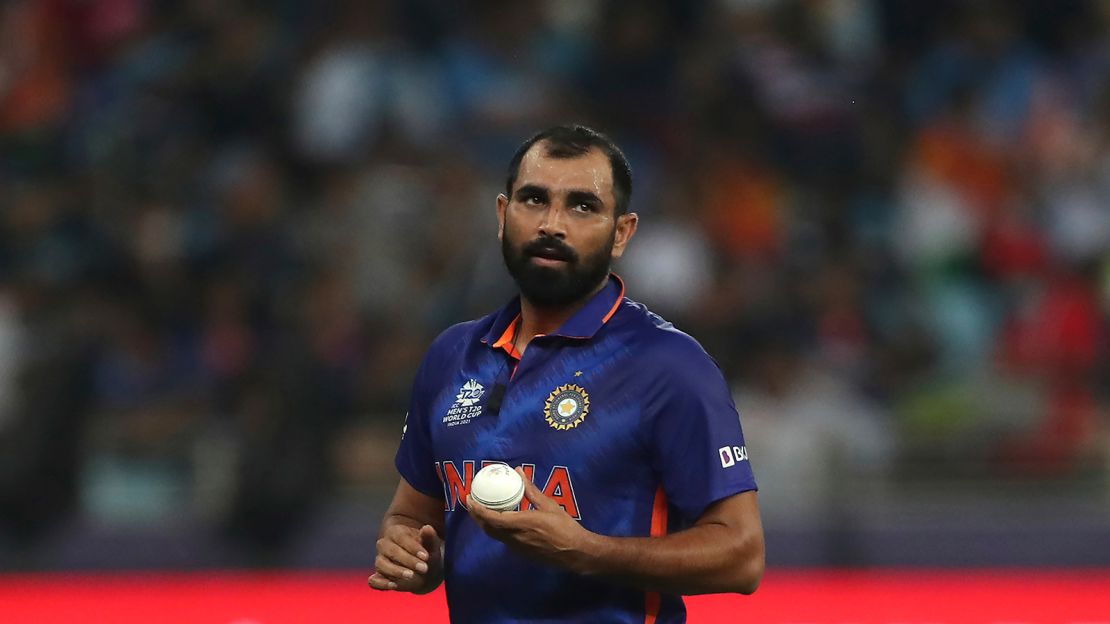 India's Mohammed Shami prepares to bowl his next delivery during the Cricket Twenty20 World Cup match between India and Pakistan in Dubai, UAE, Sunday, Oct. 24, 2021.