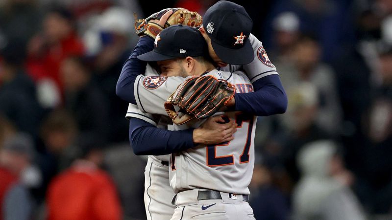 Houston, United States. 16th Oct, 2021. Houston Astros Kyle Tucker and  Carlos Correa celebrate after they both scored on a single by teammate Yuli  Gurriel in the 4th inning in game two