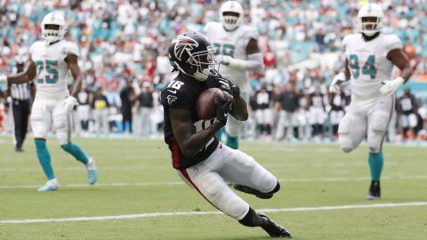 Ridley catches a touchdown pass during the second quarter against the Miami Dolphins on October 24.