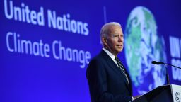 US President Joe Biden delivers a speech on stage during a meeting at the COP26 UN Climate Change Conference in Glasgow, Scotland, on November 1, 2021. 