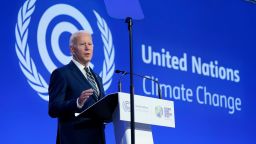 President Joe Biden speaks during the COP26 U.N. Climate Summit, Monday, Nov. 1, 2021, in Glasgow, Scotland. (AP Photo/Evan Vucci, Pool)