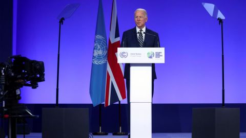 U.S. President Joe Biden speaks during the opening ceremony of the UN Climate Change Conference COP26 in Glasgow, Scotland, Monday Nov. 1, 2021. The U.N. climate summit in Glasgow gathers leaders from around the world, in Scotland's biggest city, to lay out their vision for addressing the common challenge of global warming. (Yves Herman/Pool via AP)