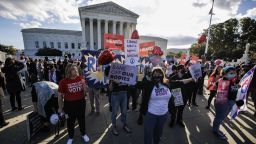 Demonstrators outside of the U.S. Supreme Court in Washington, D.C., U.S., on Monday, Nov. 1, 2021. The Texas abortion clash goes before the court today, with providers and the Biden administration trying to cut through a procedural haze to block a law that has largely shut down the practice in the country's second-largest state.