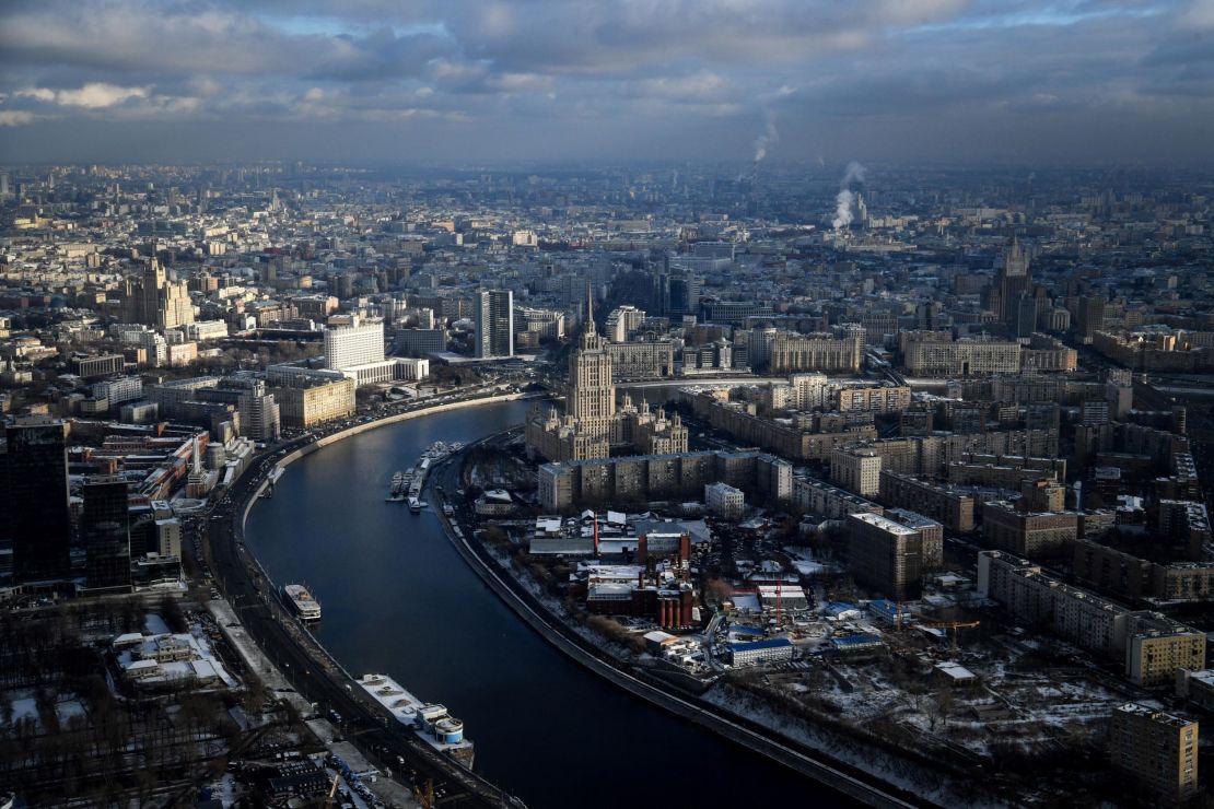 An aerial view of the Moskva River and downtown Moscow in November 2018. Russia has been deemed "very high" risk for travel by the CDC.