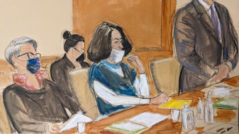 A courtroom sketch shows Ghislaine Maxwell, center, at a pretrial hearing Monday.
