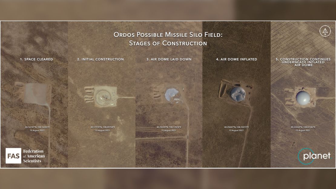 Different stages of construction underway by Chinese engineers on multiple silos at the possible Ordos missile silo field in August 2021. After clearing the space for the project, they use inflatable domes to protect the active construction on the silos.