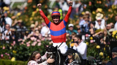 Jockey James McDonald reacts after riding Verry Elleegant to victory in  the Melbourne Cup November 2, 2021.