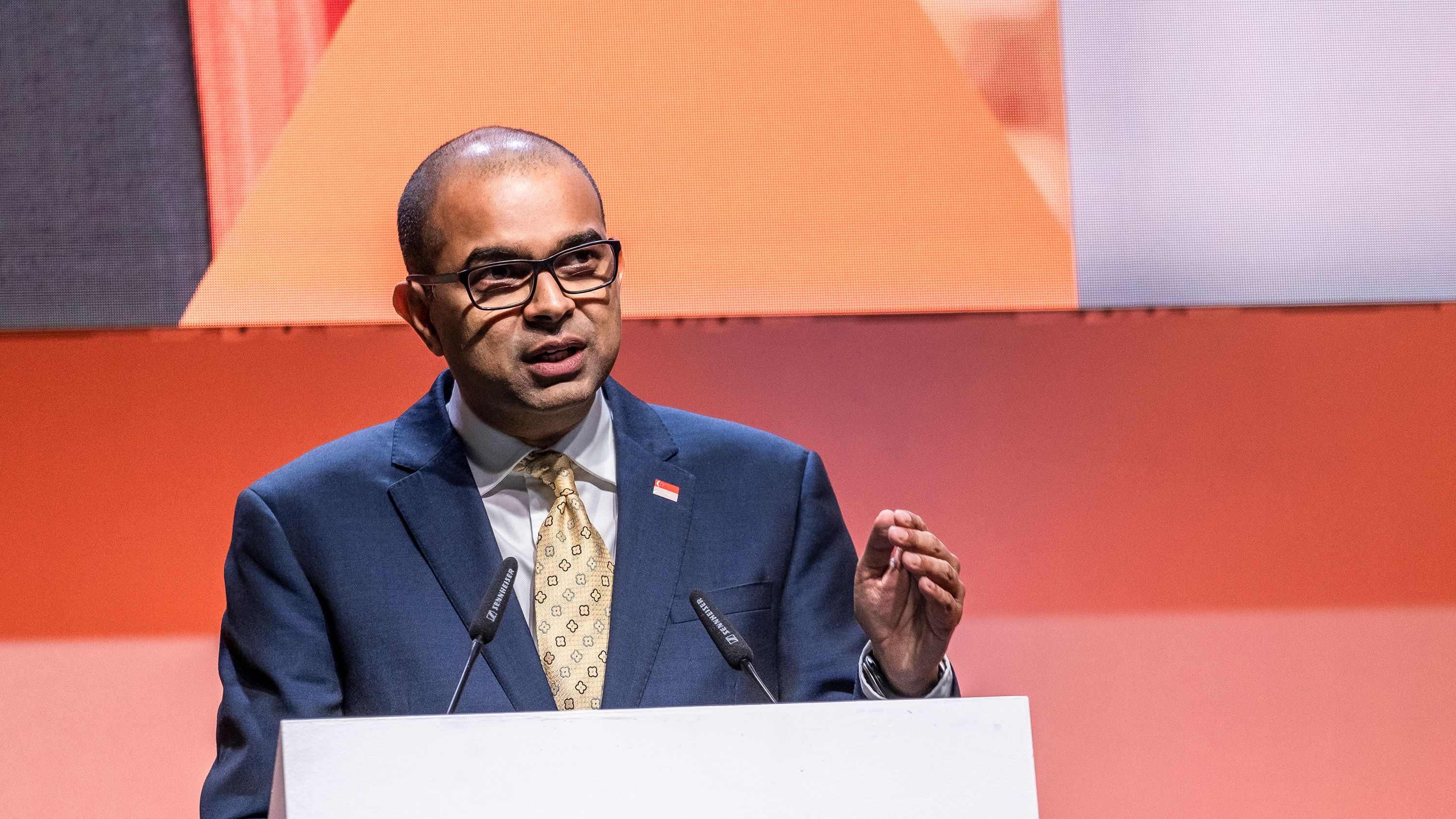 Janil Puthucheary, Senior Minister of State of Singapore's Ministry of Transport and Communications. speaking at an event in Barcelona on November 13, 2018.