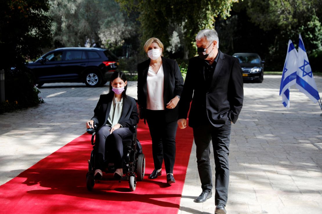 Karine Elharrar, left, pictured at the Israeli president's residence in April 2021.