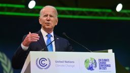 US President Joe Biden speaks during an Action on Forests and Land Use session, during the COP26 UN Climate Change Conference in Glasgow, Scotland on November 2, 2021. - World leaders meeting at the COP26 climate summit in Glasgow will issue a multibillion-dollar pledge to end deforestation by 2030 but that date is too distant for campaigners who want action sooner to save the planet's lungs. (Photo by Paul ELLIS / various sources / AFP) (Photo by PAUL ELLIS/AFP via Getty Images)