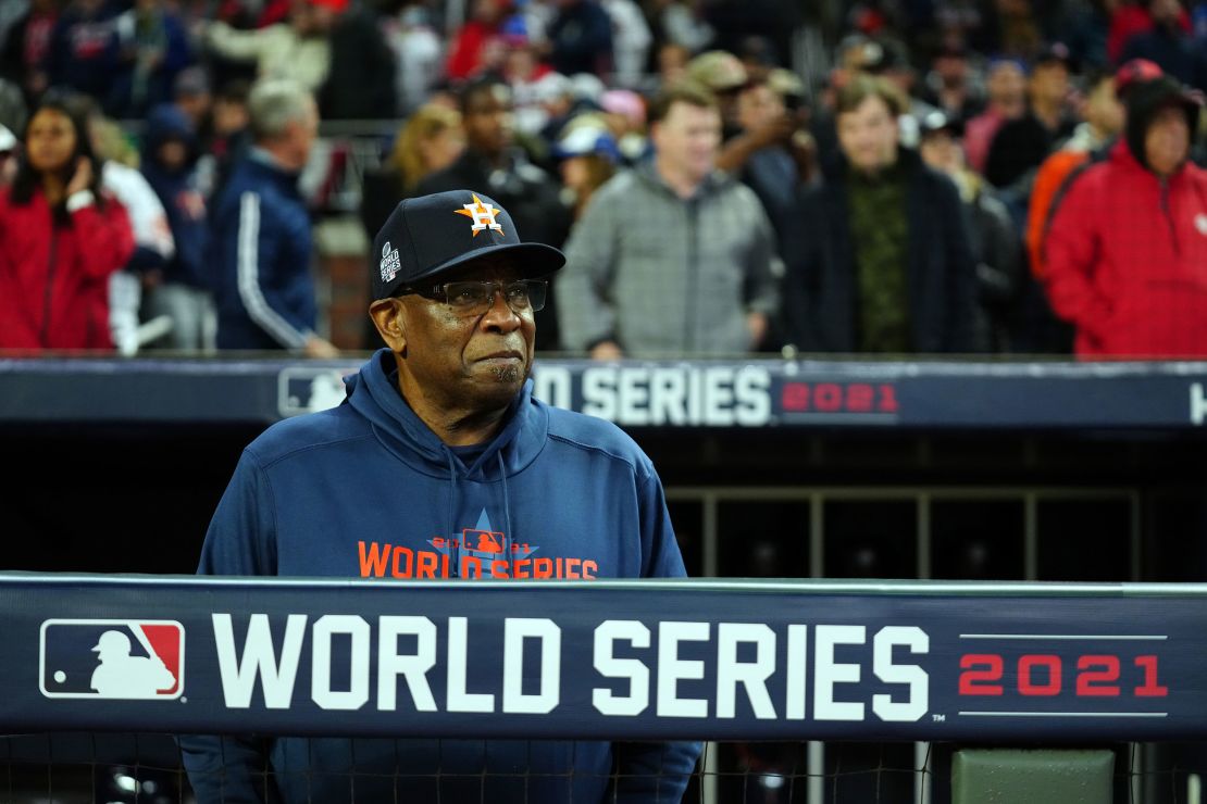 Astros manager Dusty Baker of the is seen in the dugout before Game 4.