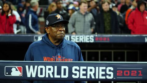 Astros manager Dusty Baker of the is seen in the dugout before Game 4.